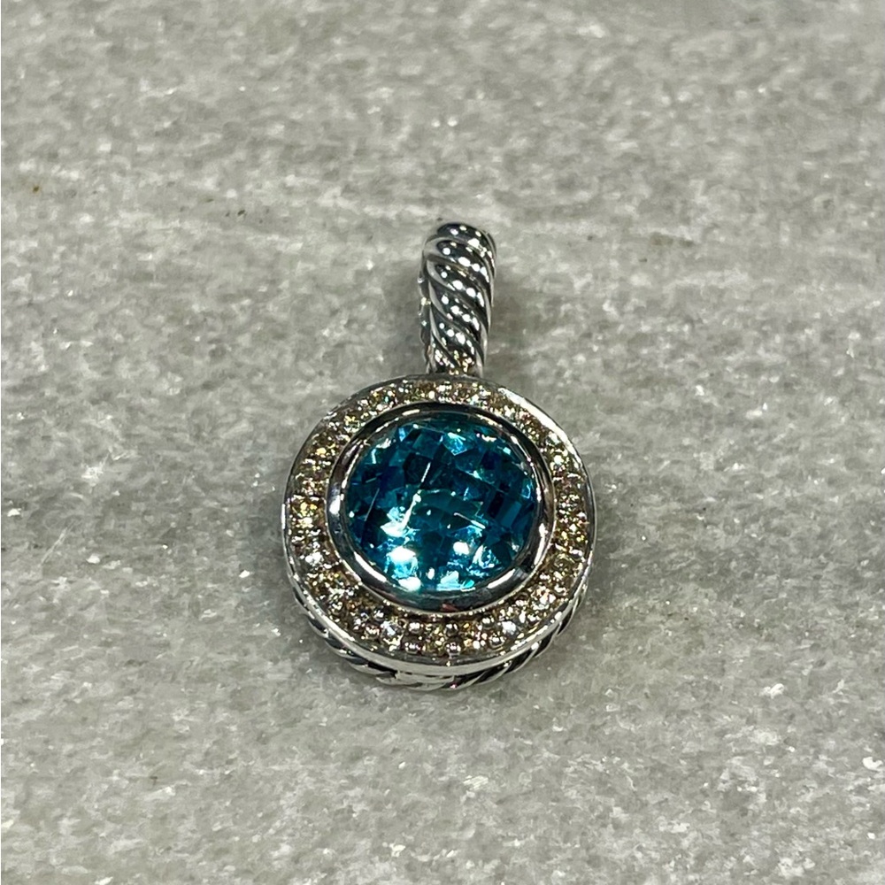 David Yurman Blue Topaz, Silver and Diamond Pendant